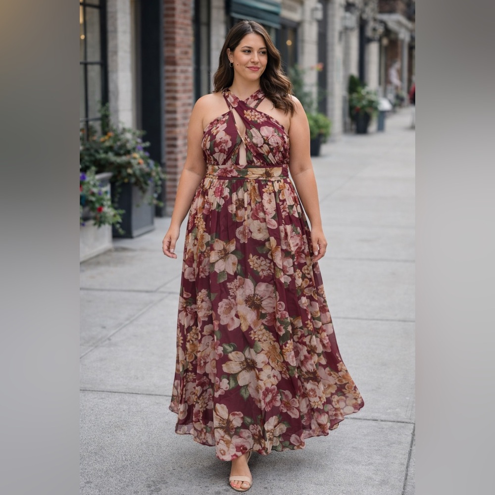#Boutique Women’s Mauve Sleeveless Front Key Hole Floral Maxi Dress Large NWOT